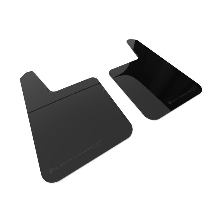 Rally Armor Universal Black UR Plus Mud Flaps with Metallic Black Logo (Pair) - Part Number RALMF20-URP-BLK-MBK-LRT