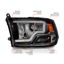 Load image into Gallery viewer, ANZO 2009-2018 Dodge Ram 1500 Crystal Headlight Set with Light Bar, Black Housing, Clear Lens