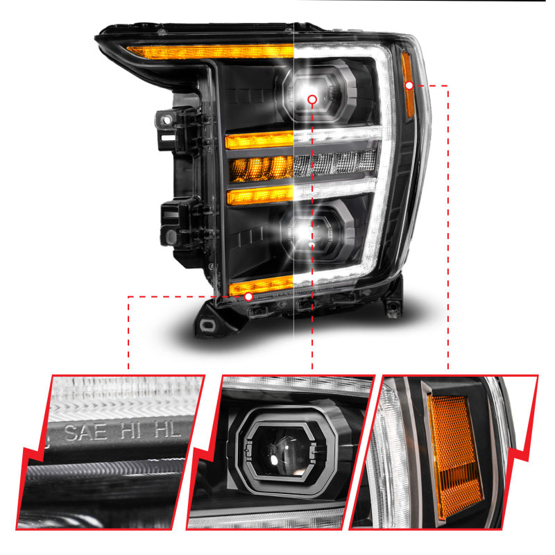 ANZO 21-23 Ford F150 LED Projector Headlight with Switchback and Sequential Turn Signal – Driver Side Only, Black Housing