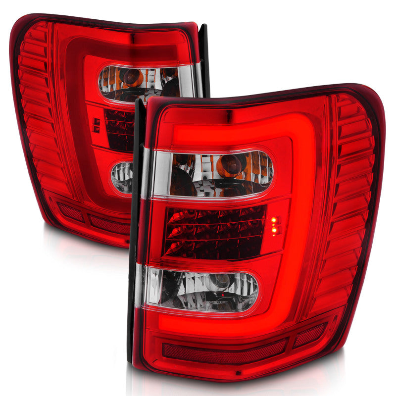 ANZO 1999-2004 Jeep Grand Cherokee LED Tail Light Assembly with Light Bar, Chrome Housing, Red and Clear Lenses