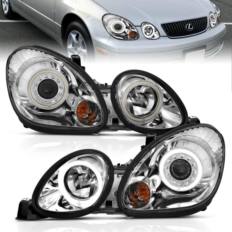 ANZO 1998-2005 Lexus GS300 & GS430 Projector Headlights with Halo, Chrome Housing, Clear Lens, Pair