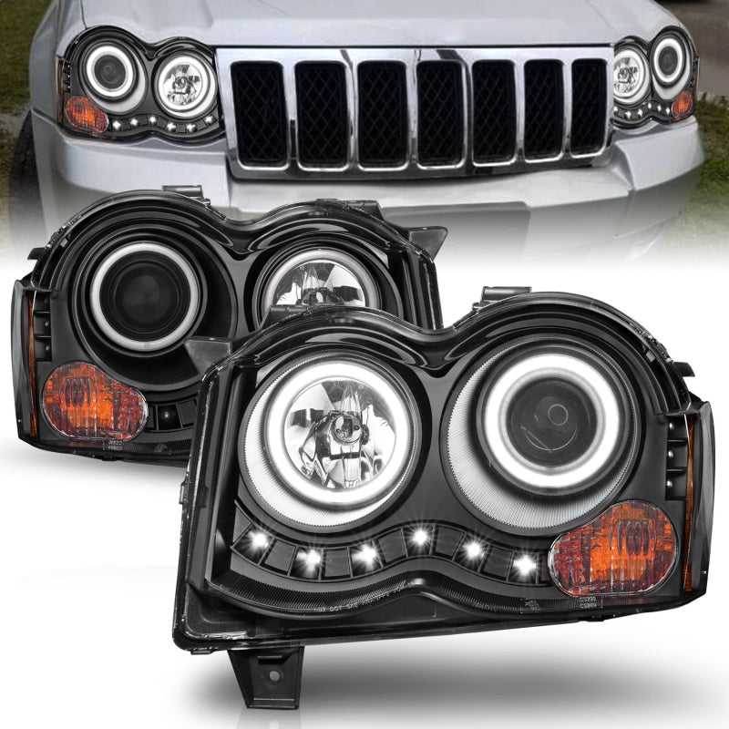ANZO 2008-2010 Jeep Grand Cherokee Projector Headlights with Halo - Black Housing, CCFL, Pair