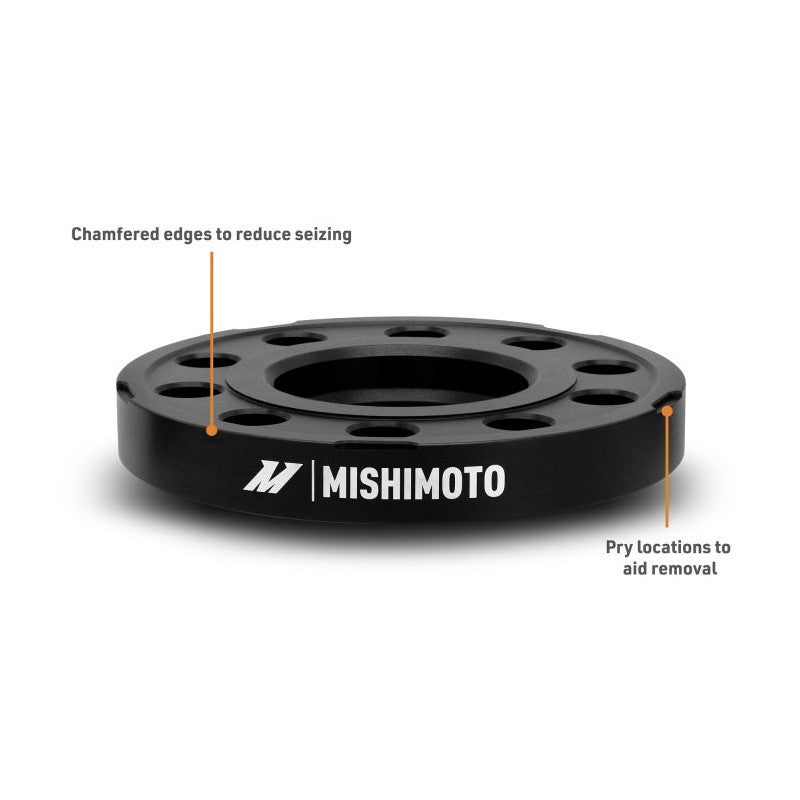 Mishimoto 5x120 Wheel Spacers with 72.6mm Center Bore — 15mm Thickness, M14x1.25 Threads, Black Anodized Finish