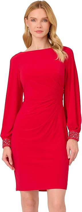 Adrianna Papell Women's Plus Size Bead Cuff Jersey Short Dress, Hot Ruby