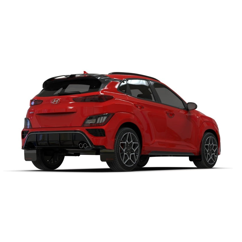 Rally Armor 22-23 Hyundai Kona N-Line Black UR Mud Flap with Red Logo, Part Number RALMF93-UR-BLK-RD