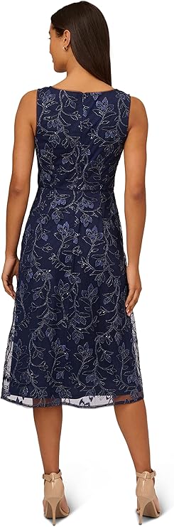 Adrianna Papell Women's Floral Sequin Embroidery Dress, Light Navy, 4