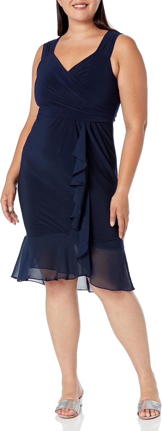 Adrianna Papell Women's Jersey and Chiffon Drape Dress, Midnight