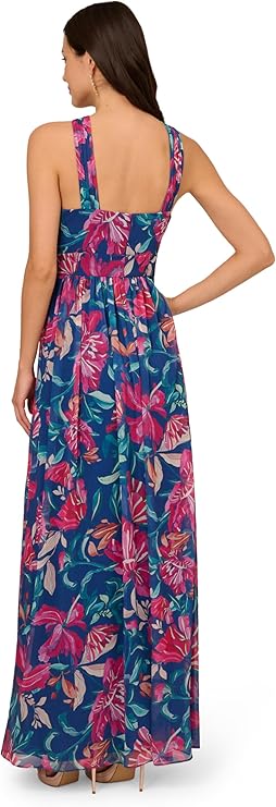 Adrianna Papell Women's Printed Chiffon Halter Gown, Navy/Multi