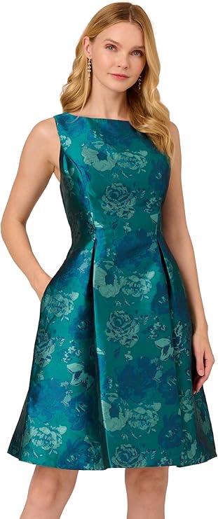 Adrianna Papell Women's Floral Jacquard Dress, Teal Multi