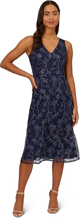 Adrianna Papell Women's Floral Sequin Embroidery Dress, Light Navy, 4