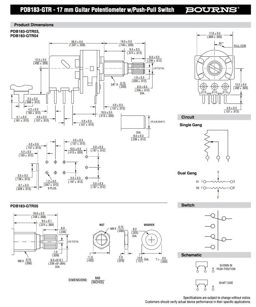 Bourns - 500K Split Shaft Push-Pull Potentiometer (Pack of 2)
