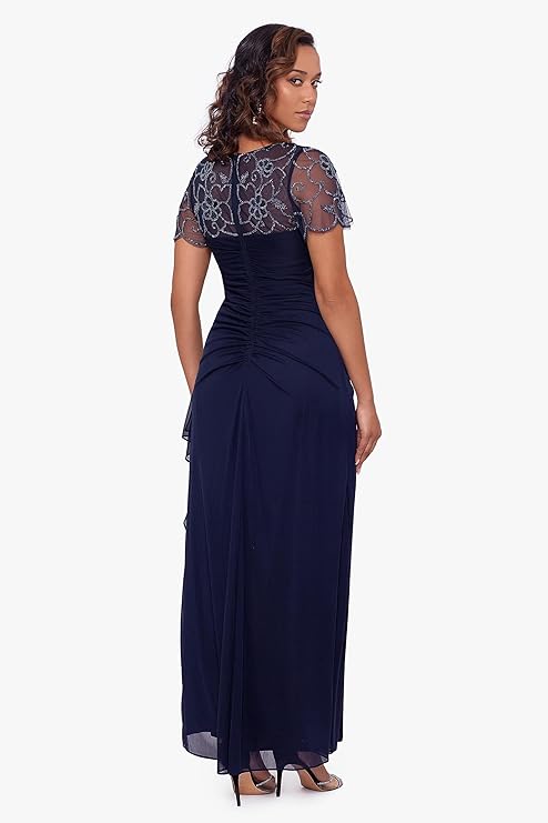 Xscape Women's Long Beaded Sequin Illusion Neckline Jersey Dress (Reg and Petite), Navy, 16