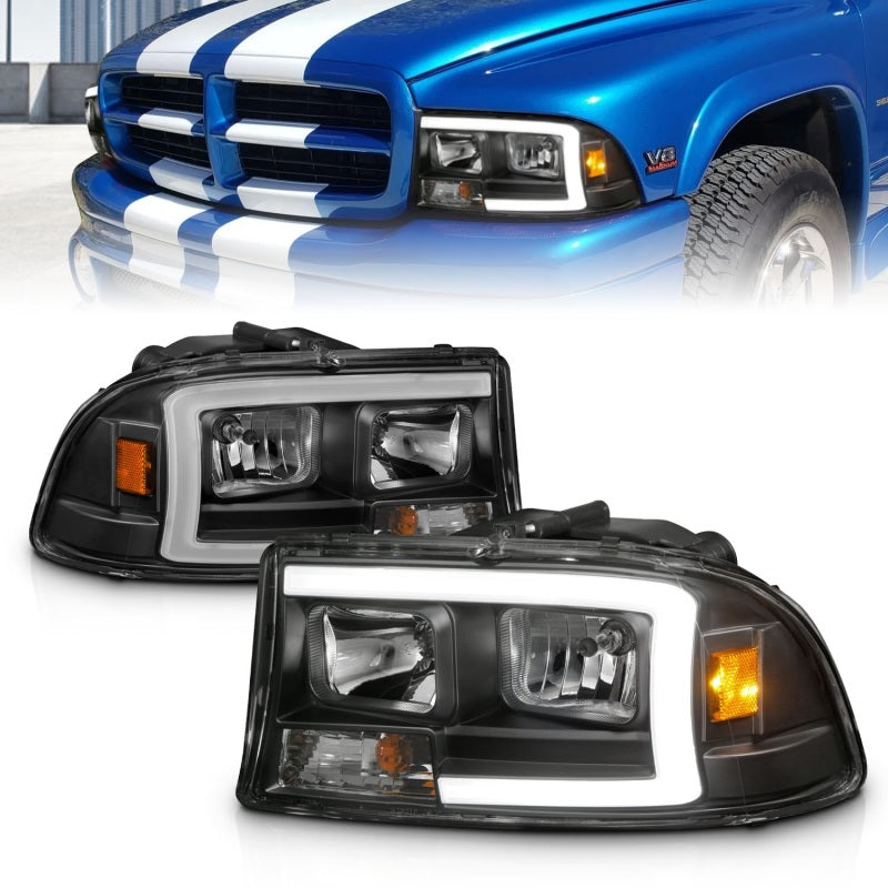 ANZO 97-04 Dodge Dakota/Durango Crystal Headlight Set with Light Bar, Black Housing