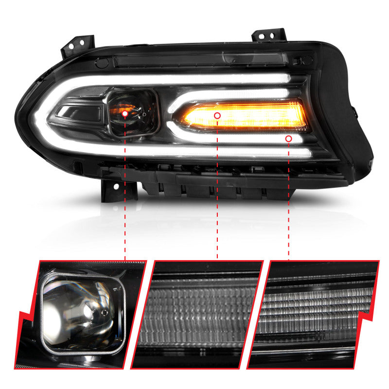ANZO 2015-2018 Dodge Charger Projector Headlights Plank Style Black - Enhanced Lighting and Style