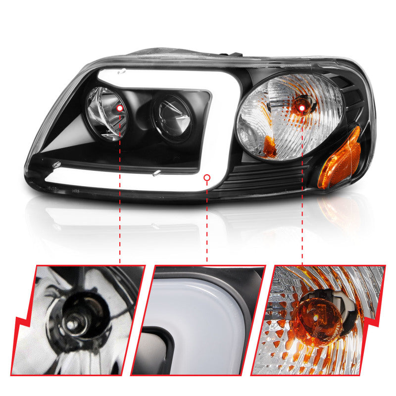 ANZO 1997-2003 Ford F-150 Projector Headlights with Light Bar - Black Housing and Clear Lens