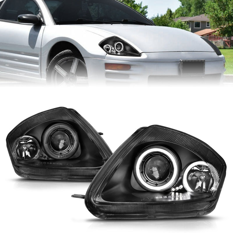 ANZO 2000-2005 Mitsubishi Eclipse Projector Headlights with Halo, Black Housing, Clear Lens - Pair