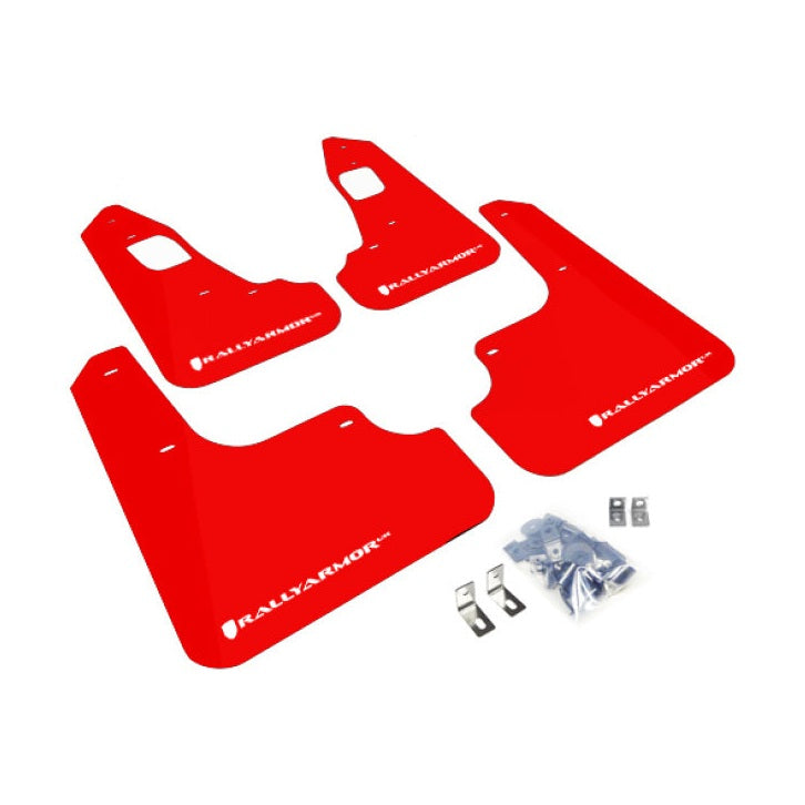 Rally Armor UR Series Mud Flaps for Mitsubishi Lancer 2008-2015 - Red with White Logo (Part #ralMF10-UR-RD/WH)