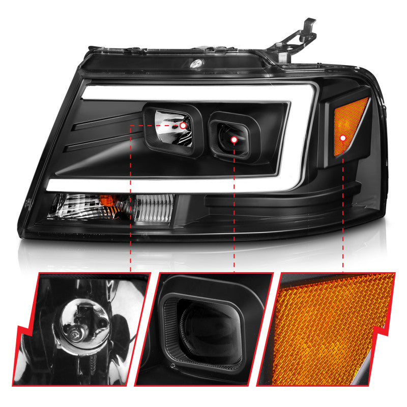 ANZO 2004-2008 Ford F-150 Projector Headlights with Light Bar, Black Housing - Pair
