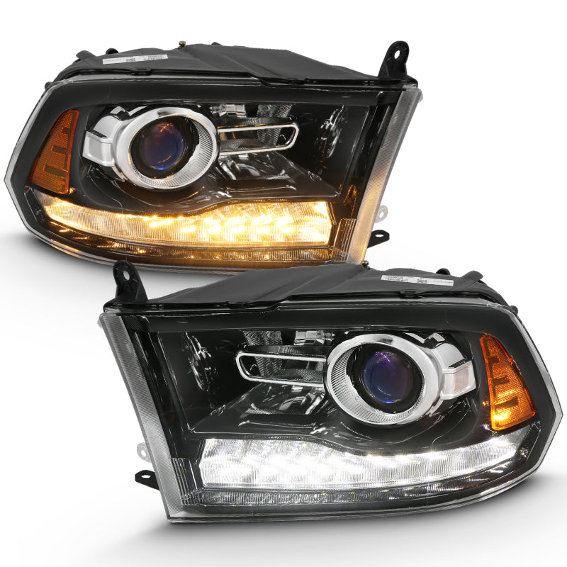 ANZO 2009-2018 Dodge Ram Projector Headlights with Halo and Switchback - Black Amber Housing, OE Style Pair