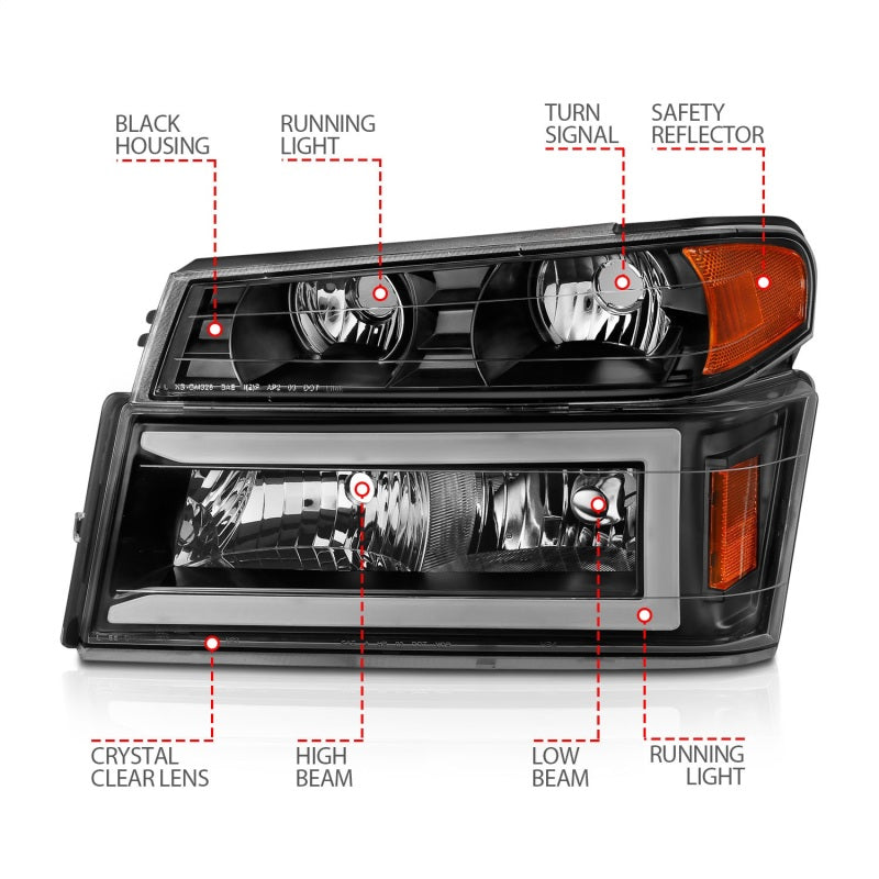 ANZO 04-12 GM Colorado/Canyon/i-Series Crystal Headlights with Light Bar - Black Housing, 4-Piece Set