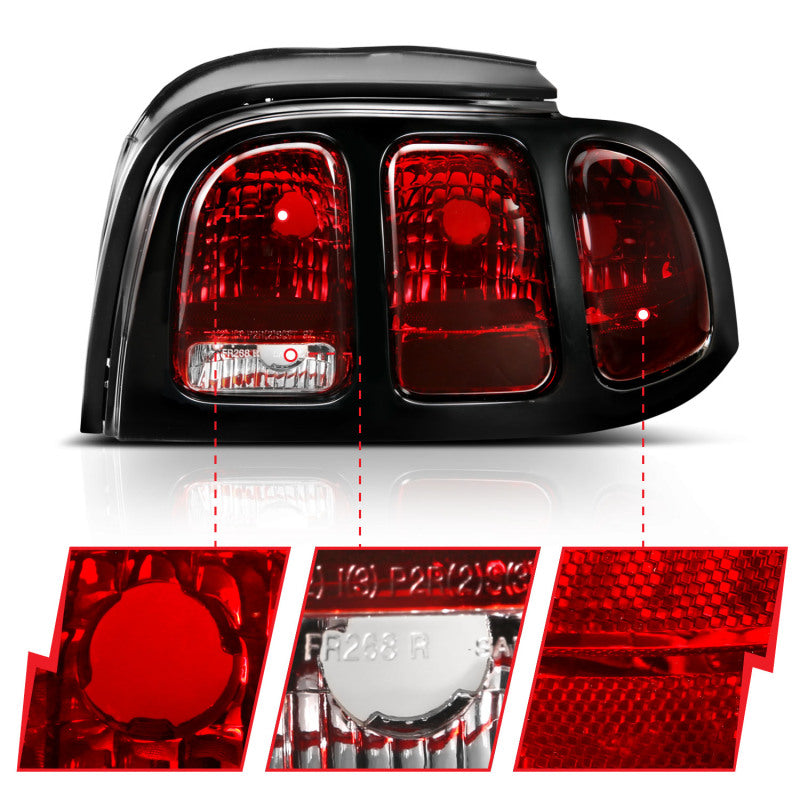 ANZO 1994-1998 Ford Mustang Tail Light Assembly with Dark Red Lens and Black Housing