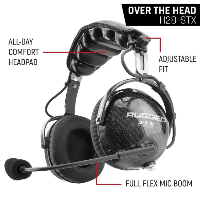Rugged Radios AlphaBass Carbon Fiber Headset for Stereo and Offroad Intercoms - Over-The-Head Design