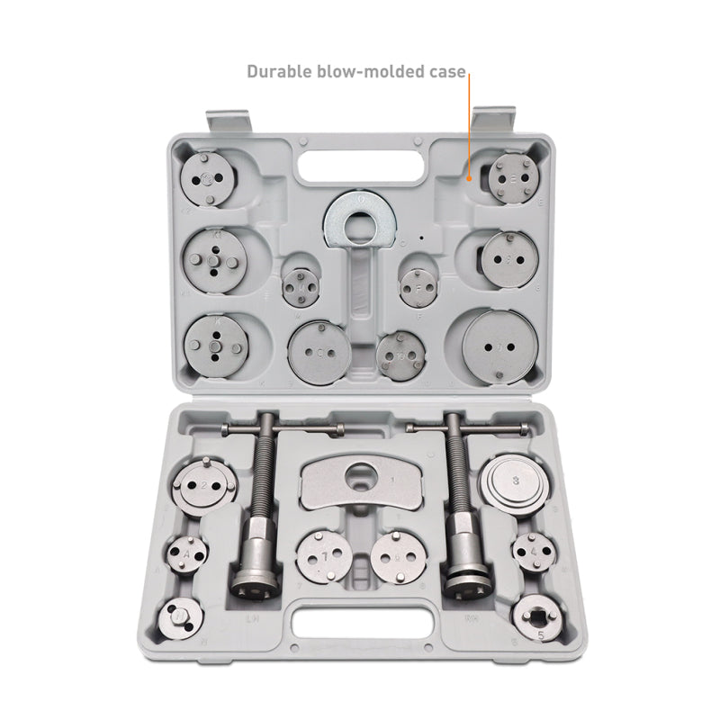 Mishimoto Brake Caliper Piston Wind Back Tool Kit — 22-Piece Automotive Brake Service Set with 18 Adapters and Durable Carbon Steel Construction
