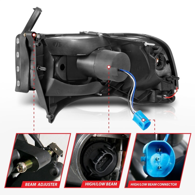 ANZO 94-02 Dodge Ram Crystal Headlight with Light Bar – Chrome Housing Pair