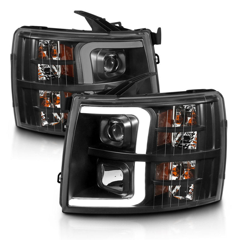 ANZO 07-13 Chevrolet Silverado 2500/3500 Projector Headlights with Clear Lens and Amber Housing, Black Finish