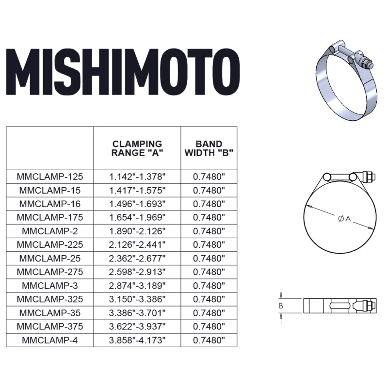 Mishimoto 1.25 Inch Stainless Steel T-Bolt Clamps - Heavy-Duty Hose and Pipe Securement
