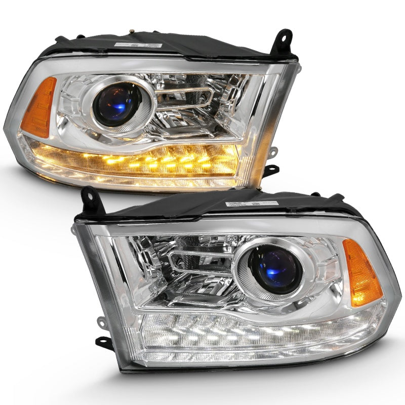 ANZO 2009-2018 Dodge Ram 1500 Projector Headlight Set with Halo and Plank Style Switchback - Chrome Housing, Clear Lens, Pair