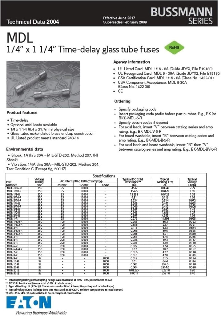 Bussmann MDL-1 Glass Fuse 1 Amp 250 Volt Time Delay (Slo-blo) 3AG 1/4 x 1-1/4 (5 pack)
