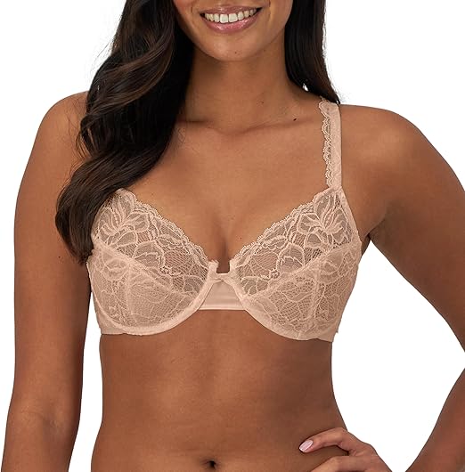 Bali Lace Desire Underwire Bra, Full-Coverage Lace Bra with Underwire Cups, Plunging Underwire Bra for Everyday Comfort, Evening Blush