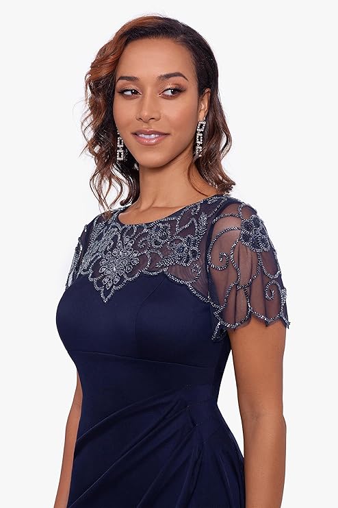 Xscape Women's Long Beaded Sequin Illusion Neckline Jersey Dress (Reg and Petite), Navy, 16