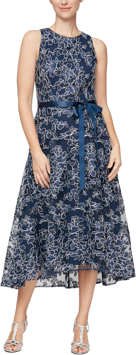 Alex Evenings Women's Sleeveless Midi with Elegant Embroidery, Full Skirt and Tie Belt (Petite Regular Sizes) Special Occasion Dress, Navy and Silver, 10 US