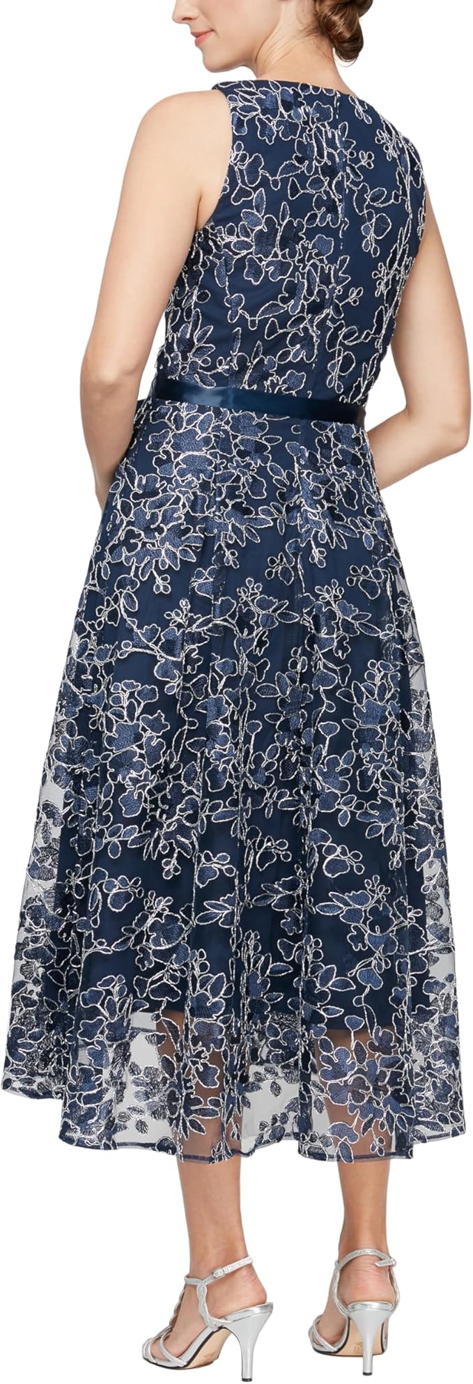 Alex Evenings Women's Sleeveless Midi with Elegant Embroidery, Full Skirt and Tie Belt (Petite Regular Sizes) Special Occasion Dress, Navy and Silver, 10 US