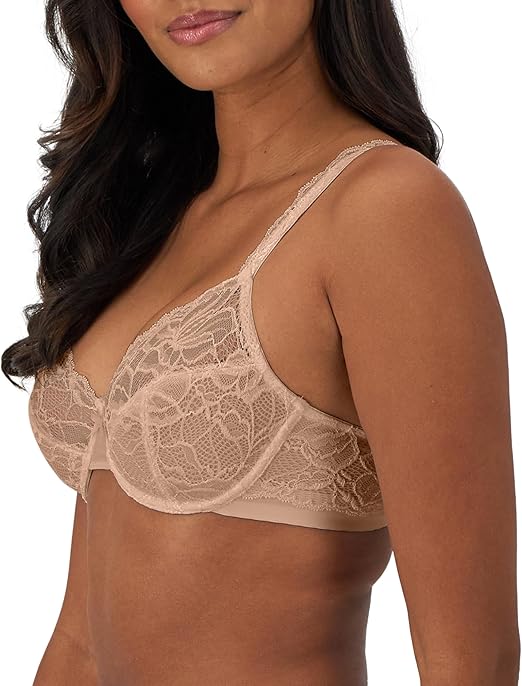 Bali Lace Desire Underwire Bra, Full-Coverage Lace Bra with Underwire Cups, Plunging Underwire Bra for Everyday Comfort, Evening Blush