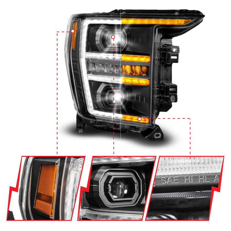 ANZO 21-23 Ford F-150 LED Projector Headlight Passenger Side with Switchback and Sequential Turn Signal - Black Housing