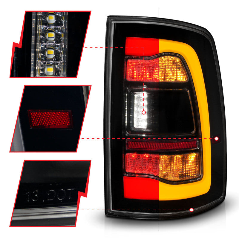 ANZO 09-18 Dodge Ram 1500 Sequential LED Tail Lights with Smoke Black Housing and Switchback Amber Signal