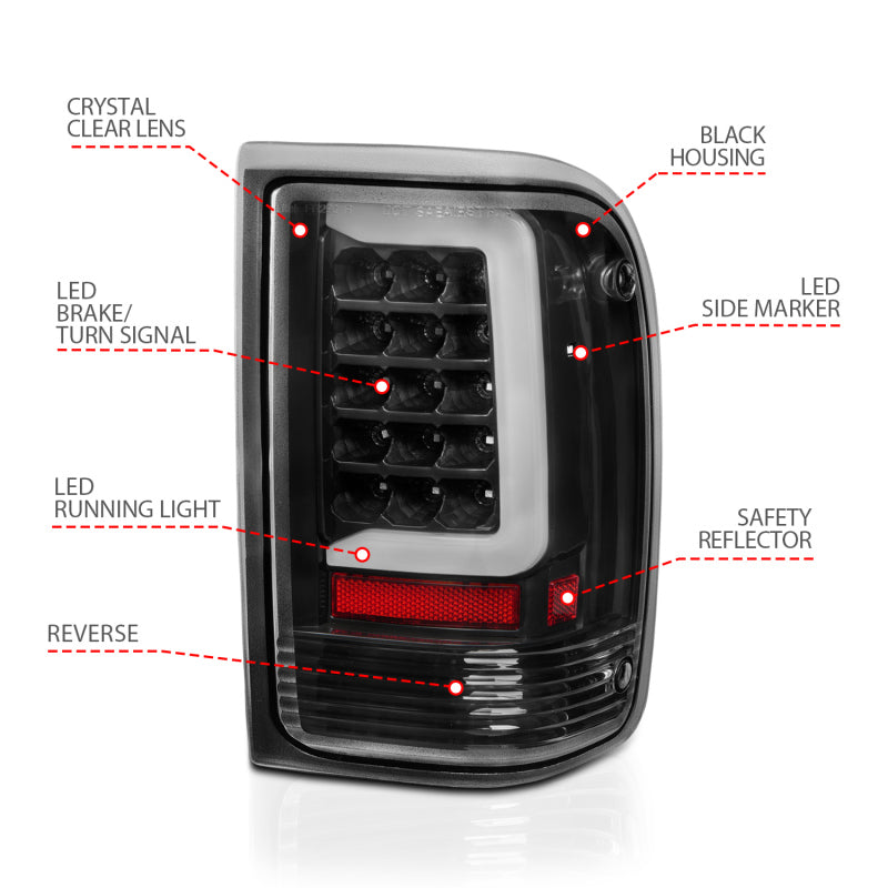 ANZO 1993-1997 Ford Ranger LED Tail Light Assembly with Light Bar, Black Housing & Clear Lens