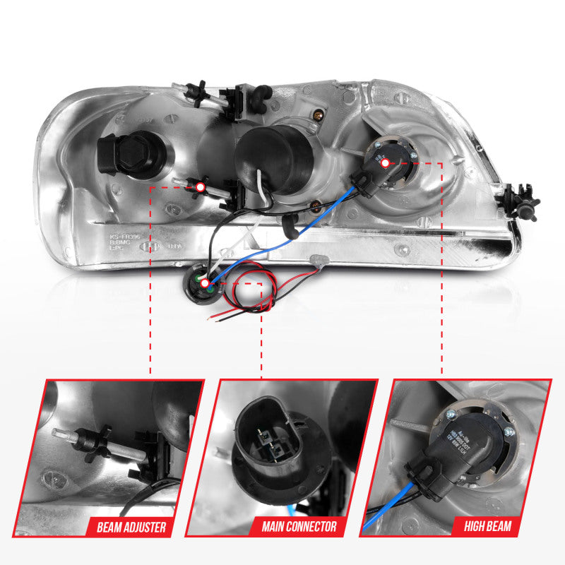 ANZO 1997-2003 Ford F-150 Projector Headlights with Light Bar - Black Housing and Clear Lens