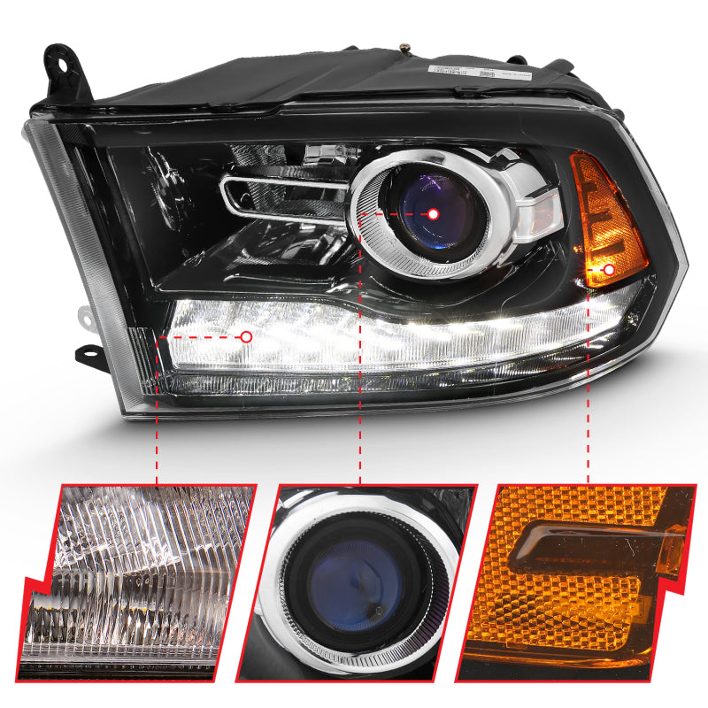 ANZO 2009-2018 Dodge Ram Projector Headlights with Halo and Switchback - Black Amber Housing, OE Style Pair