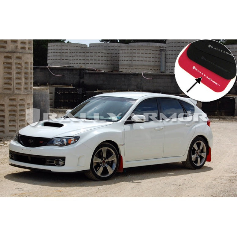 Rally Armor UR Series Red Mud Flap with White Logo for Subaru Impreza and WRX (Part Number: ralMF15-UR-RD/WH)
