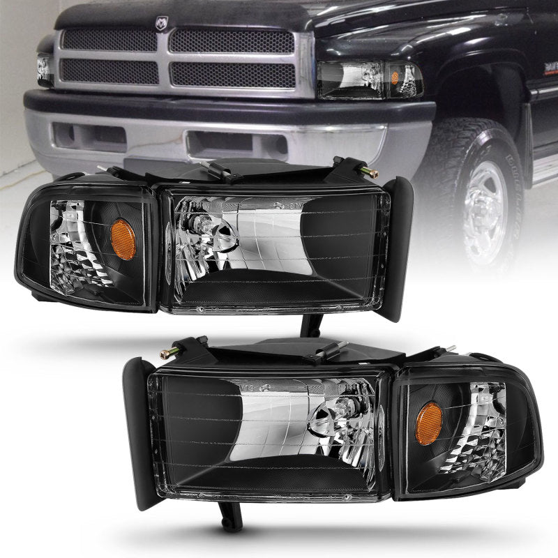 ANZO 1994-2001 Dodge Ram Crystal Headlight Set with Clear Lenses and Black Housing