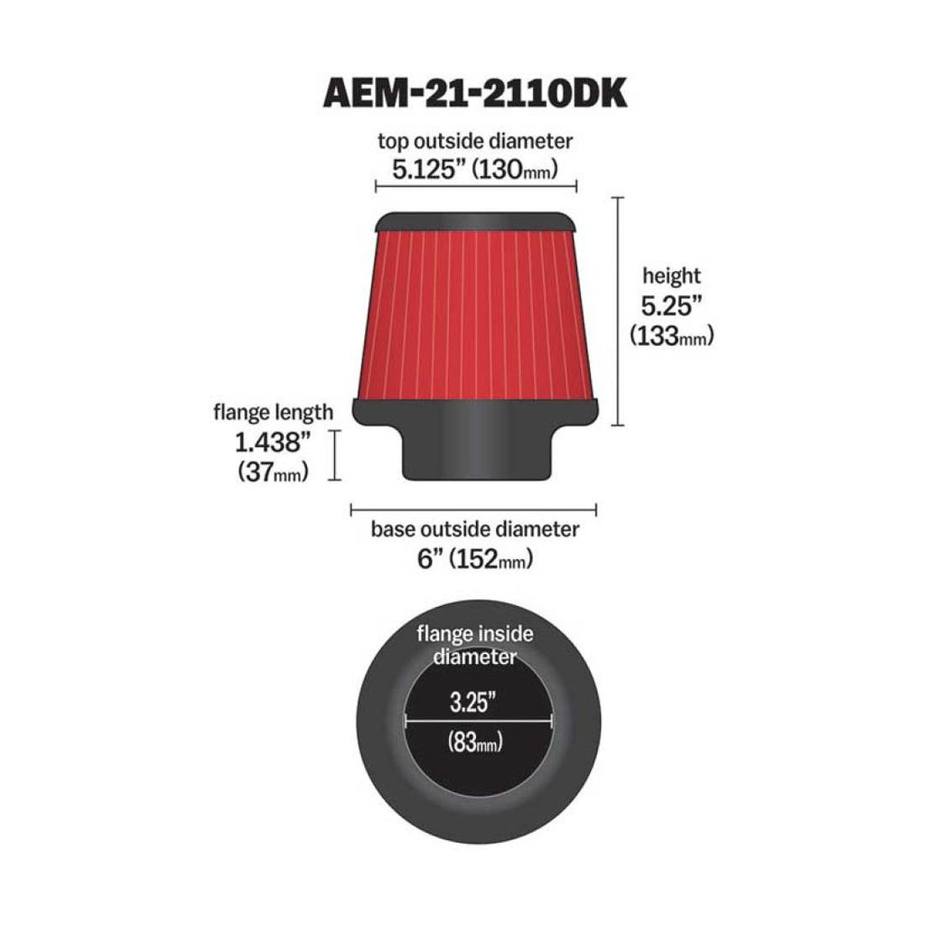 AEM Induction 3.25-inch DryFlow Short Neck 5-inch Air Filter - Part Number AEM21-2110DK
