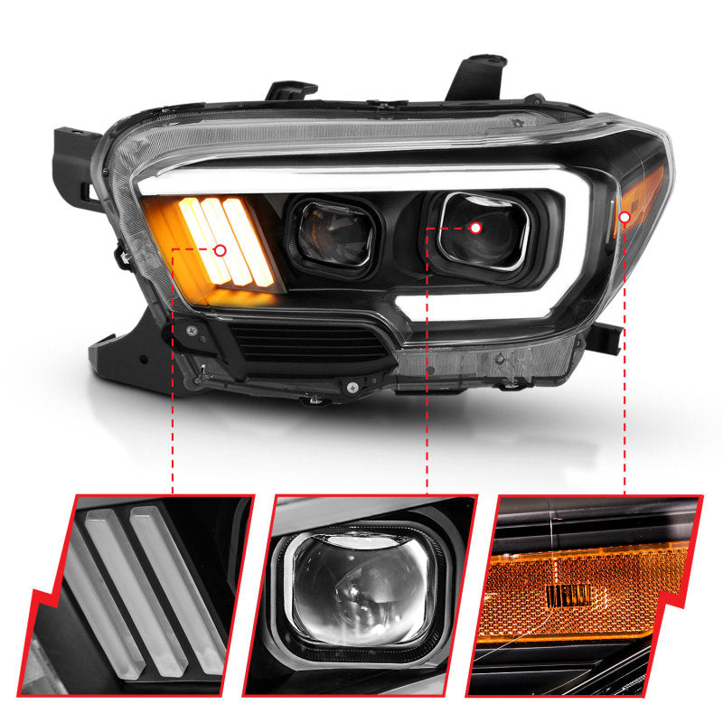 ANZO 2016-2017 Toyota Tacoma Projector Headlights with Plank Style Design, Black Housing and Amber Accents