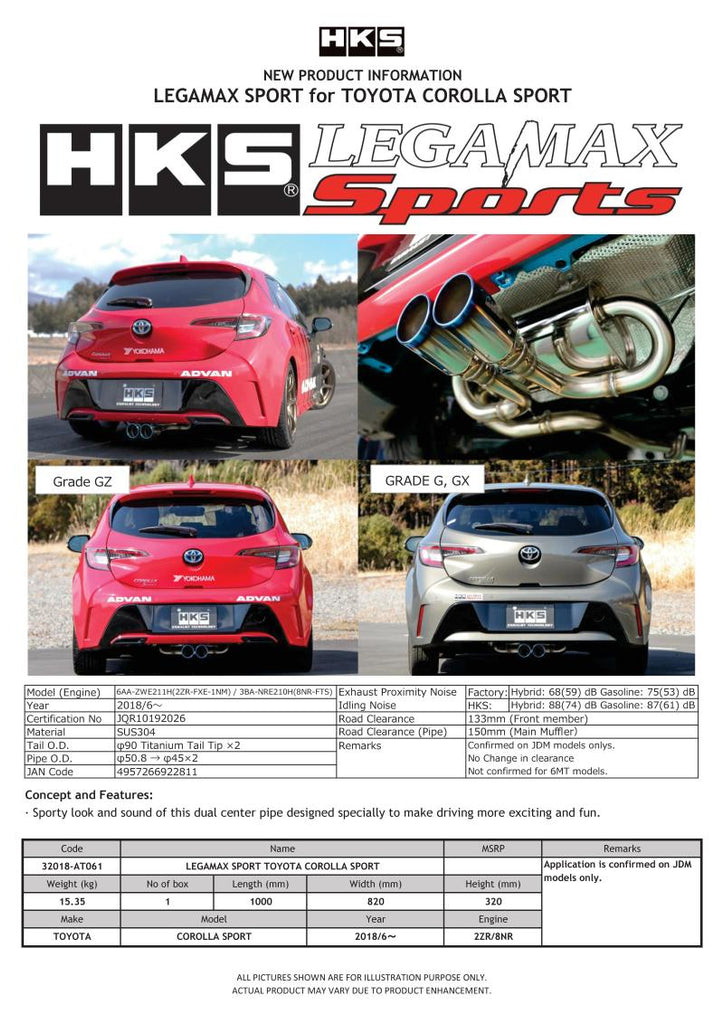 HKS Legamax Sports Exhaust System for 2018 Toyota Corolla Sport 2ZR/8NR