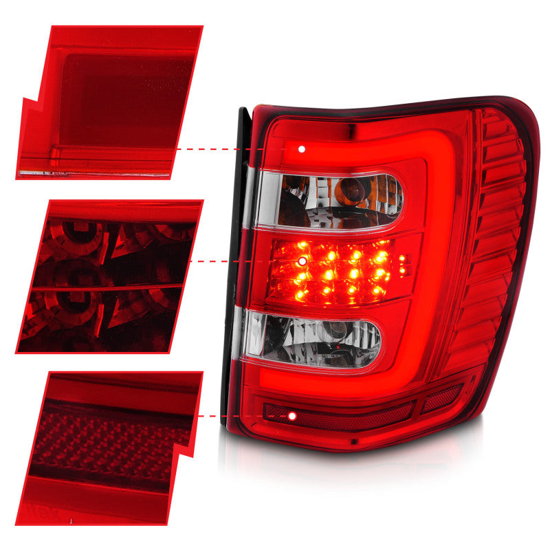 ANZO 1999-2004 Jeep Grand Cherokee LED Tail Light Assembly with Light Bar, Chrome Housing, Red and Clear Lenses