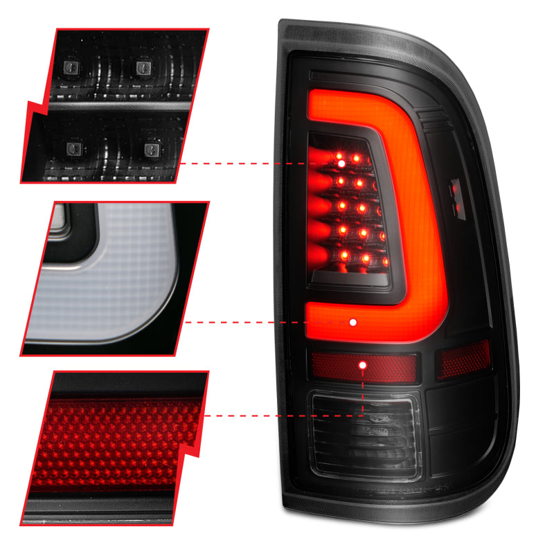 ANZO 2008-2016 Ford F-250 LED Tail Light Assembly with Light Bar, Black Housing and Smoke Lens