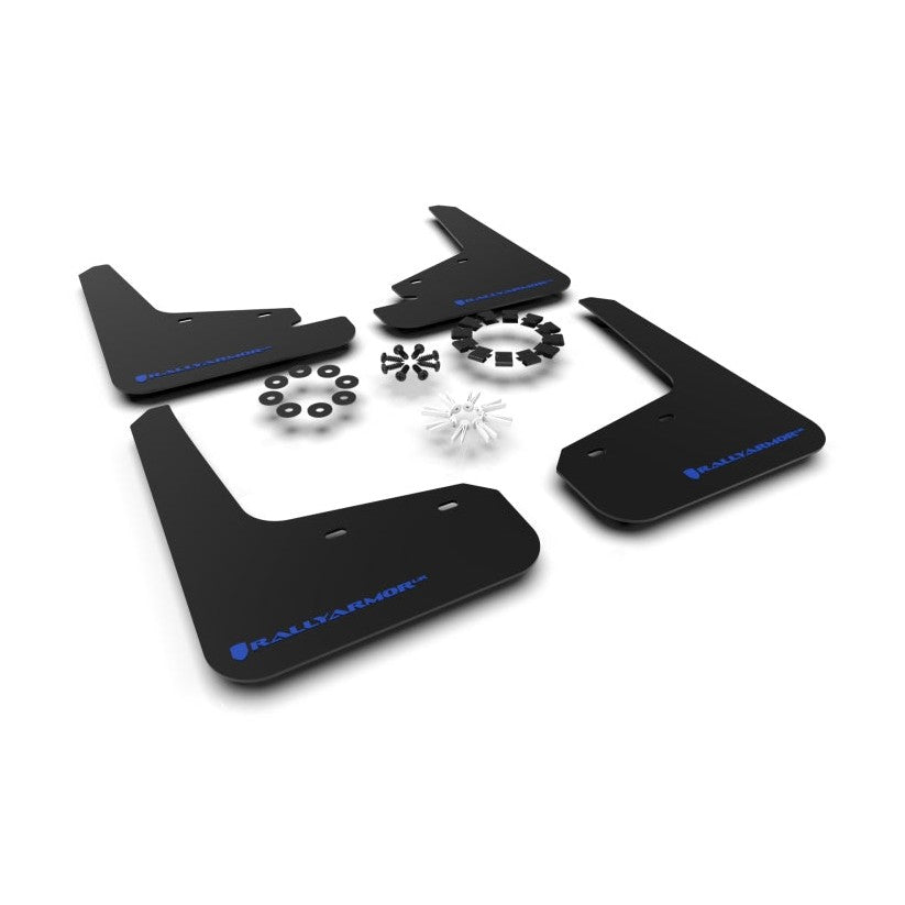 Rally Armor UR Series Mud Flaps for Tesla Model Y - Black with Blue Logo, Part Number RALMF72-UR-BLK/BL